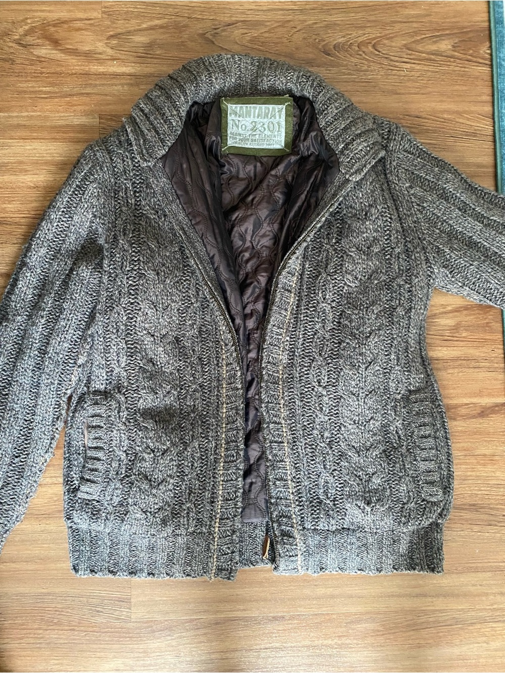 Mantaray Men's Thick Cable Knit Zipper Cardigan Jacket Brown Grey Size M